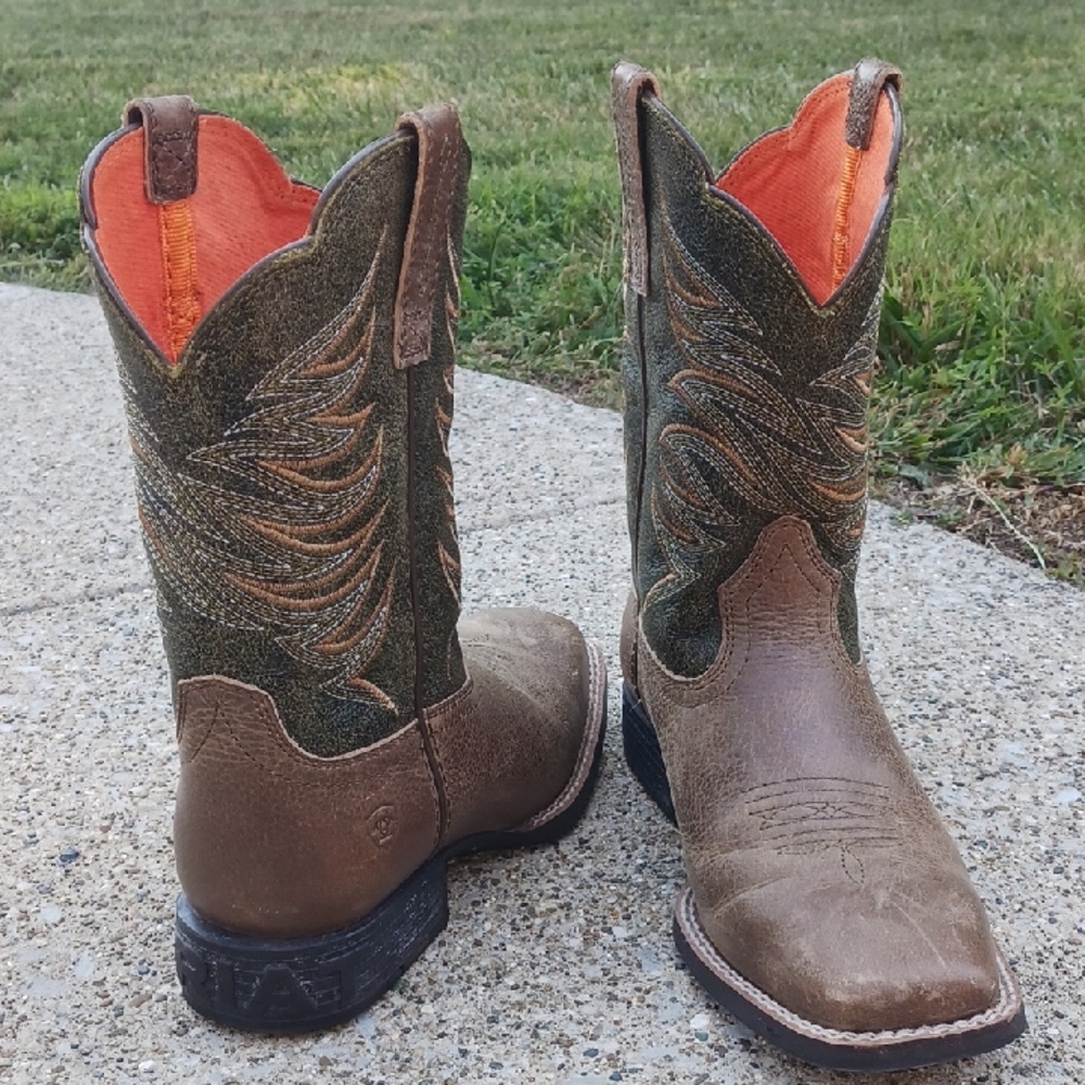 Ariat Kids Western Boots - Brown and Green with Orange Accents